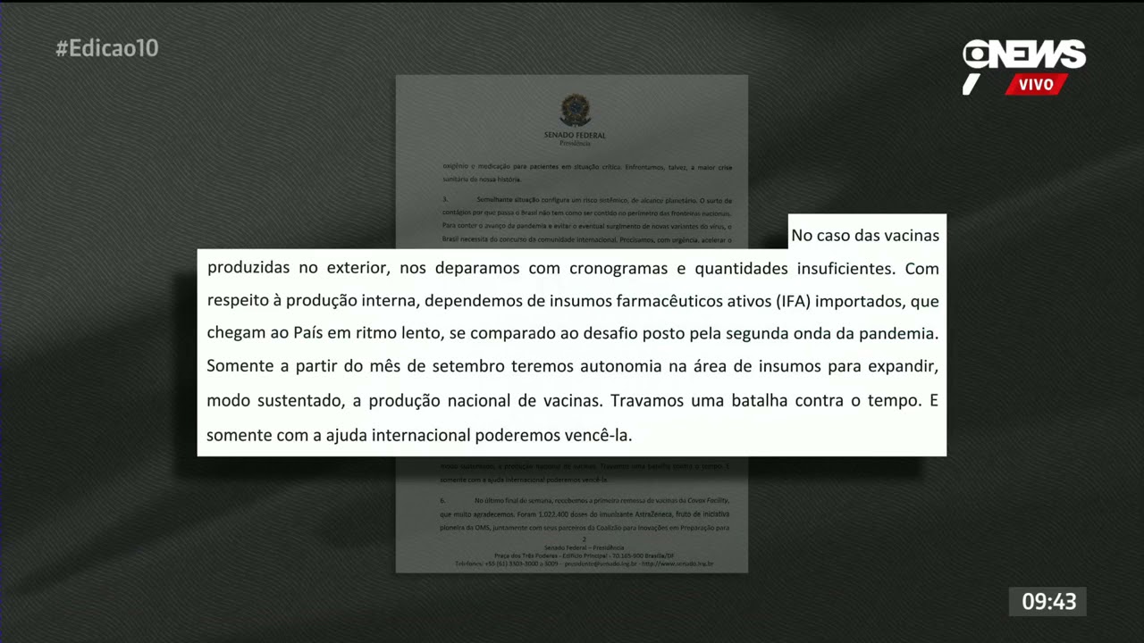 Jornal GloboNews | Pacheco pede à ONU ajuste no cronograma da Covax Facility